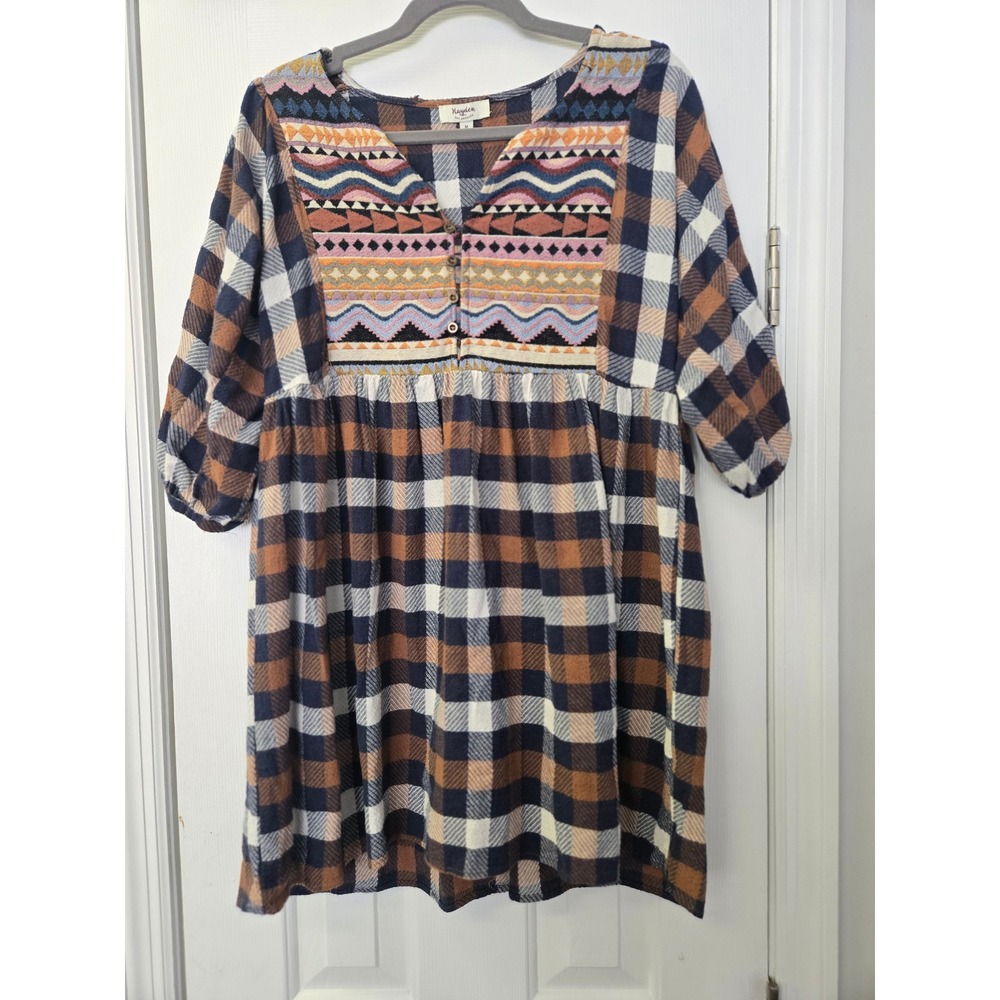 Southwestern Plaid Embroidered Babydoll Mini Dress Brown M Aztec Western Boho